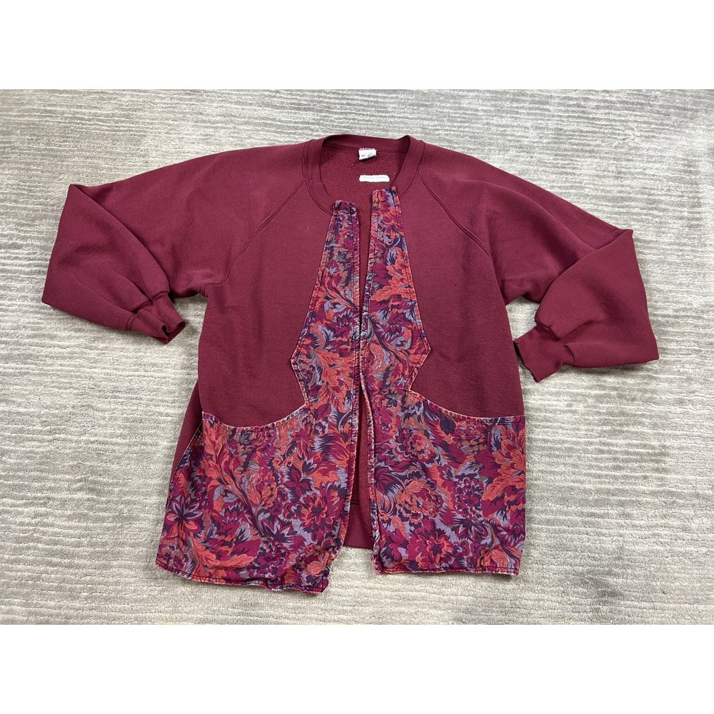 Vintage Russell Super Weights Sweater Womens Large Red Floral Cardigan Open USA